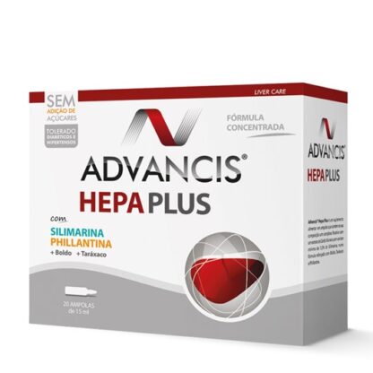 Advancis Hepa Plus 20 Ampolas, suplemento alimentar. Com a finalidade de manutenção do bom funcionamento do fígado e da vesícula biliar. Além disso tem presente uma dupla ação, colerética e diurética.