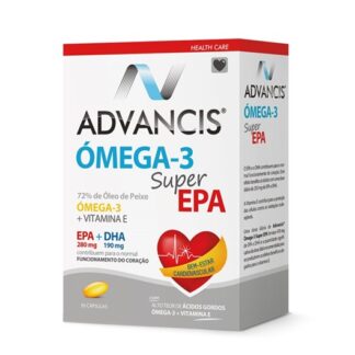 Advancis Omega-3 Super Epa 30 Cápsulas é um suplemento alimentar na forma de cápsulas de óleo de peixe concentrado com alto teor de ácidos gordos ómega-3 polinsaturados, em EPA (ácido eicosapentaenóico) e em DHA (ácido docosahexaenóico), para o bem-estar cardiovascular