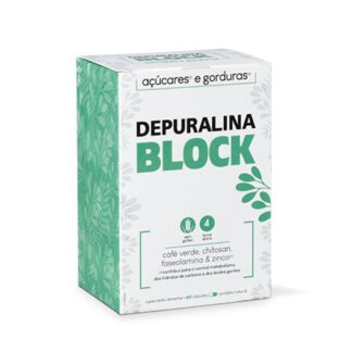 Depuralina Block 60 Cápsulas é um Suplemento Alimentar à base de: Chitosan, Faseolamina, Café Verde, Aloé Vera, Vitamina B6, Crómio e Zinco.