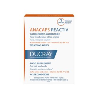 Ducray Anacaps Reactiv Fortificante 30 Capsulas, suplemento alimentar para o couro cabeludo, cabelo e unhas. Pode ser usado um mês após o tratamento de cancro.