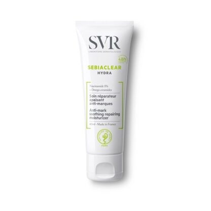 SVR Sebiaclear Hydra 40 ml, com a finalidade de cuidado reparador suavizante anti marcas. Além disso é especificamente desenvolvido para pele com tendência acneica sob tratamento desidratante.