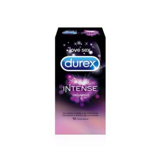 Durex Intense Orgasmic 12 Preservativos, textura com pontos e estrias. Além disso contém gel estimulante Desirex, com a finalidade de proporcionar sensações de calor, frescura ou titilações