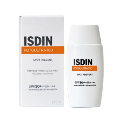 Previna eficazmente as manchas provocadas pelo sol com o Isdin FotoUltra 100 Spot Prevent Fusion Fluid FPS 50+ 50 ml, um avanço na proteção solar facial