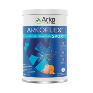 ArkoflexSport 390gr, pó à base de Colagénio hidrolisado e nativo tipo II, Ácido hialurónico, Magnésio, Manganês, Curcuma e Vitamina C, B1, B2, B6, B12 e D. Contém edulcorantes.