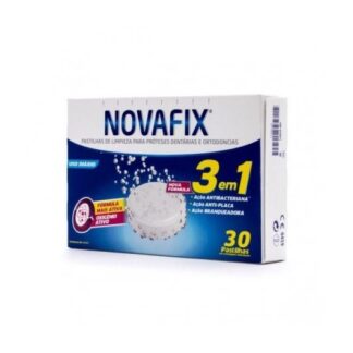 Novafix 3 em 1 30 Comprimidos Efervescentes para limpeza das próteses para limpeza das próteses dentárias e ortodonticas com ação antibacteriana, antiplaca e branqueadora.