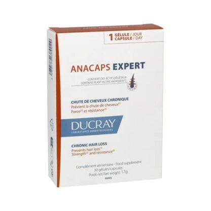 O Ducray AnaCaps Expert 30 Cápsulas é um suplemento alimentar desenvolvido para combater a queda de cabelo crónica (duração superior a 6 meses) tanto em mulheres quanto em homens